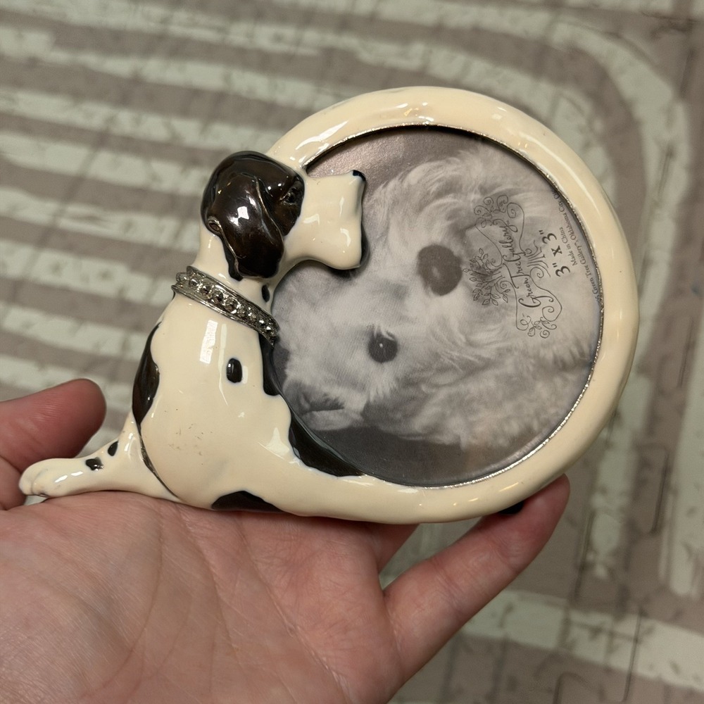 Green Tree Gallery Dog Picture Frame Heavy Cast Metal Resin Ivory Black 5x3.5